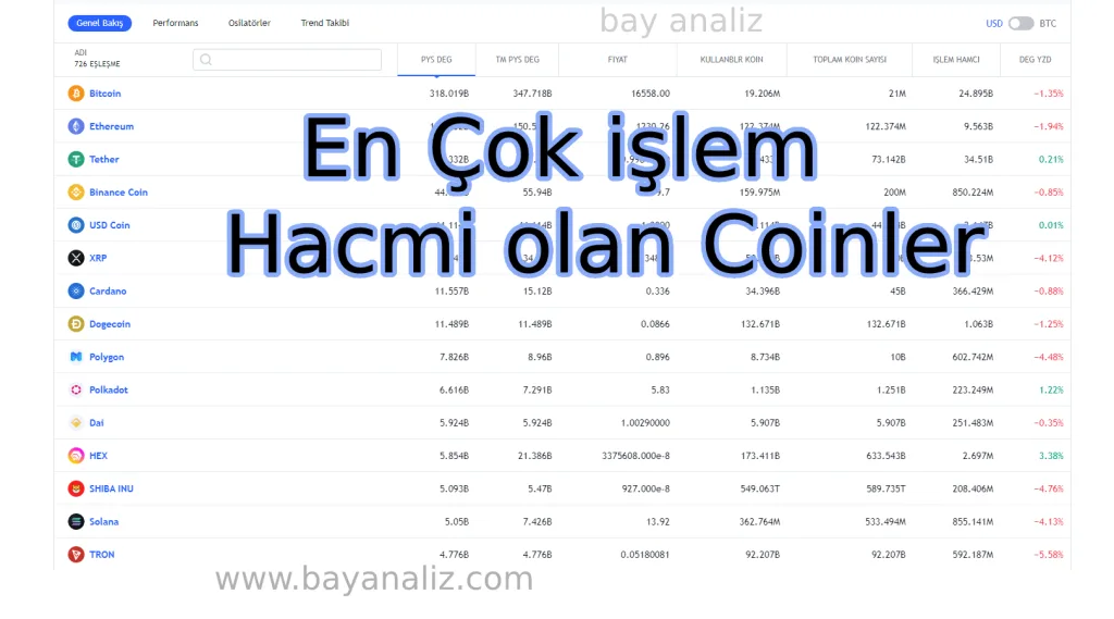 En Çok işlem Hacmi olan Coinler