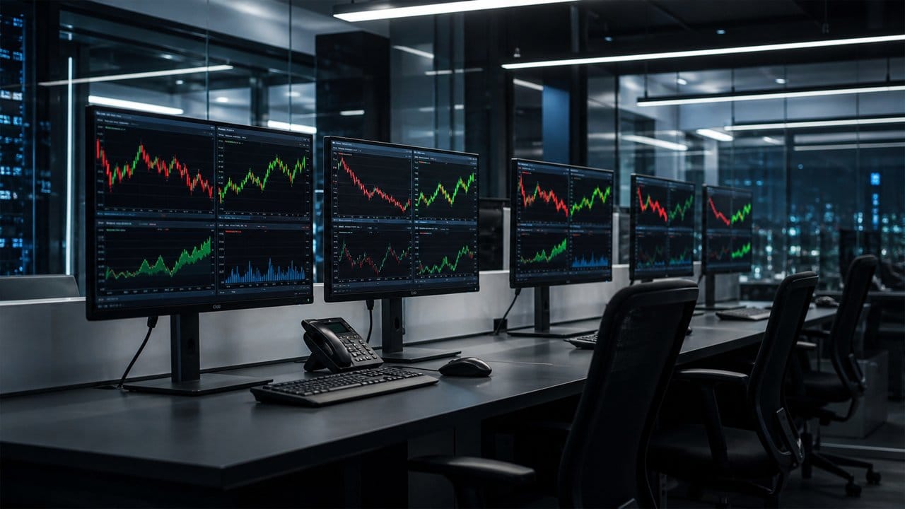 Finans ofisinde grafik gösteren işlem terminalleri