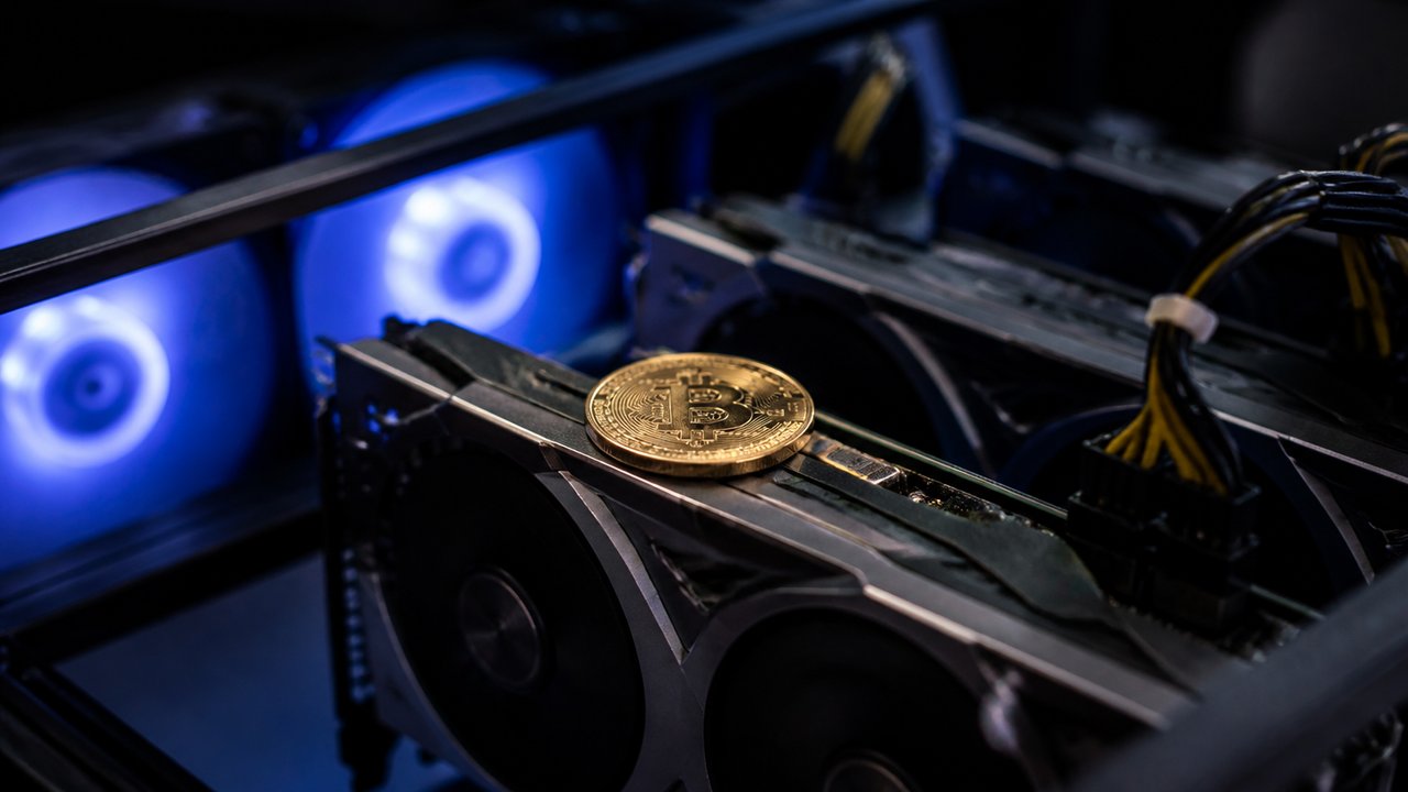 Madencilik kasası üzerinde altın renkli bitcoin temsili para