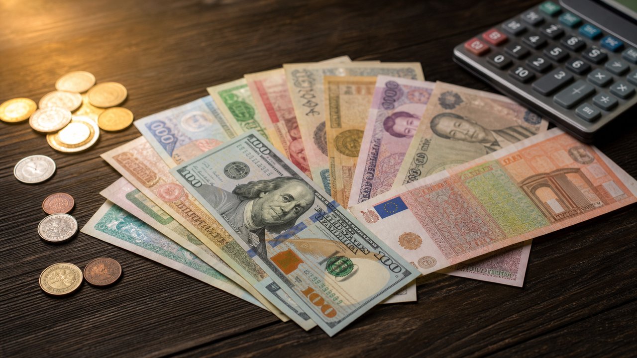 Farklı ülke banknotları, madeni paralar ve hesap makinesi