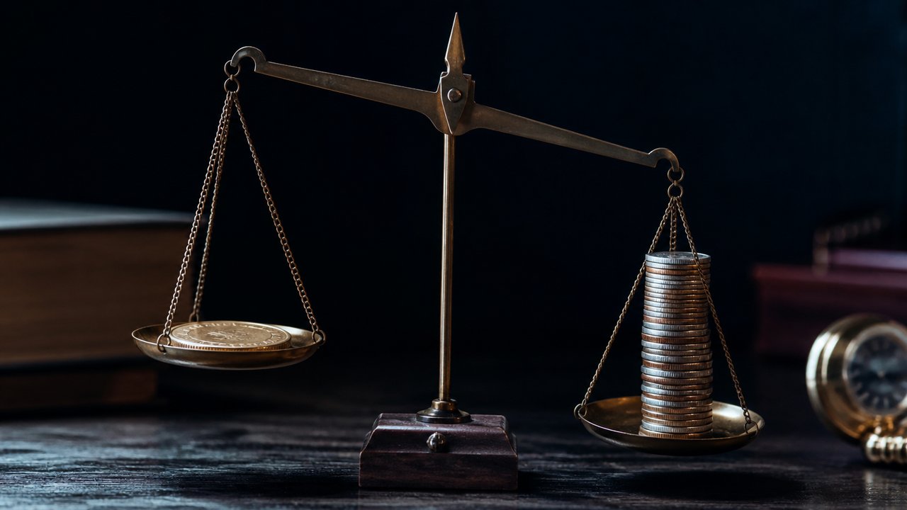 Bir tarafında büyük para, diğerinde çok sayıda küçük para olan terazi