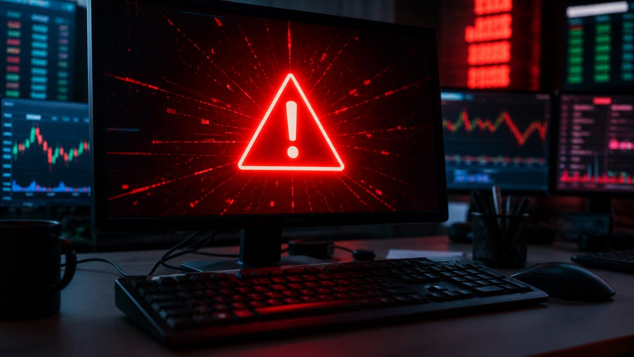 Monitörde kırmızı uyarı üçgeni ve işlem masası