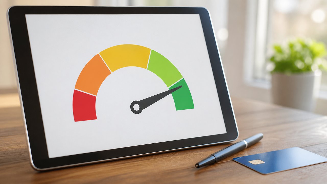 Tablet ekranında gösterge grafiği, banka kartı ve kalem