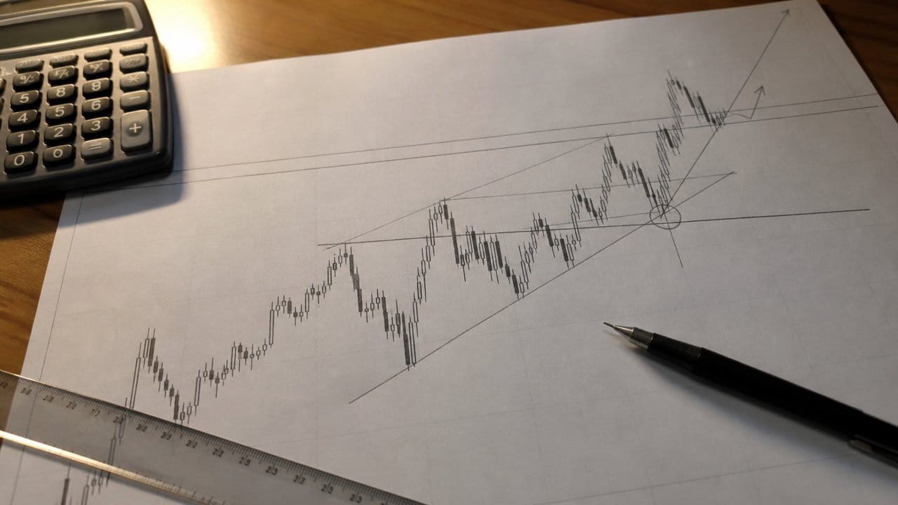 Basılı fiyat grafiğinde çizilen trend çizgileri ve hesap makinesi