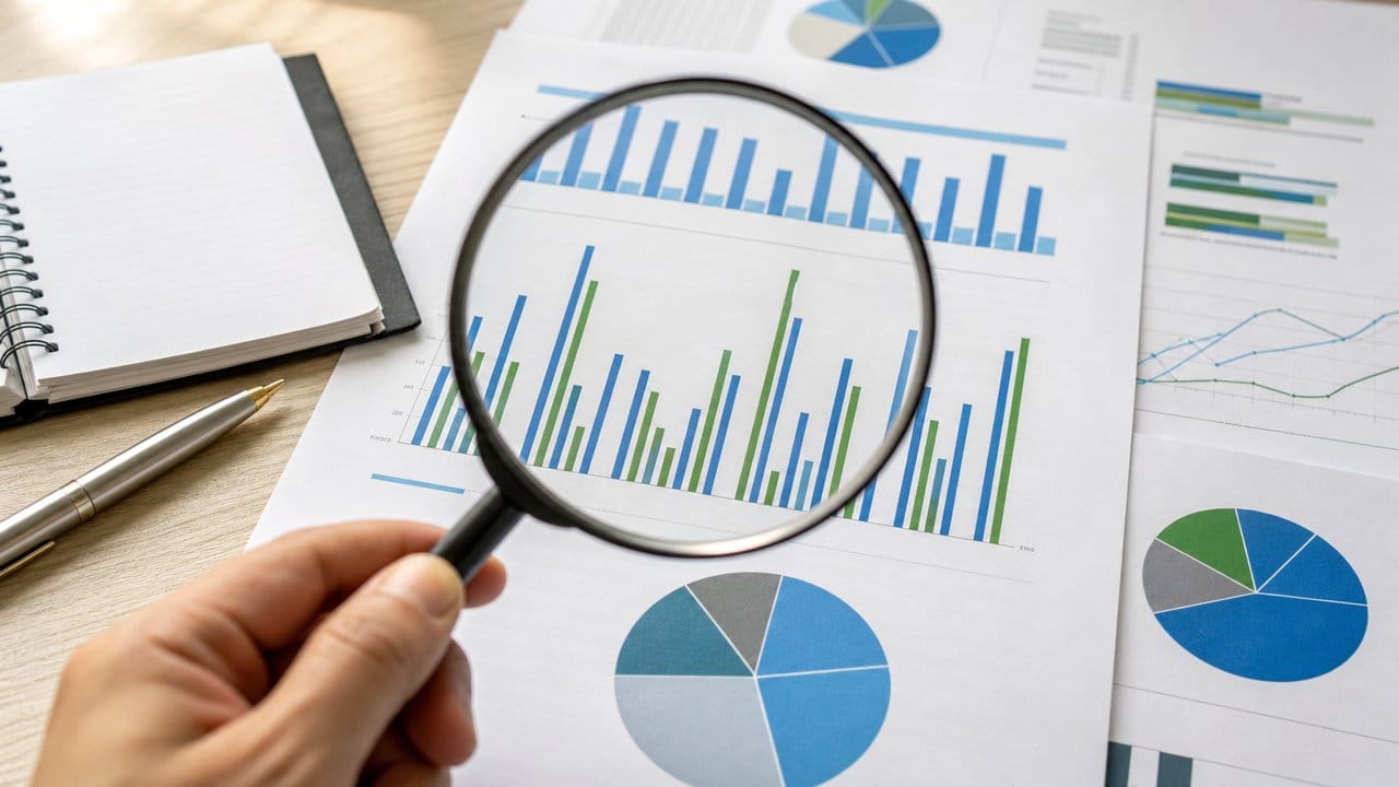 Basılı finansal grafiklerin üzerinde büyüteç ve not defteri